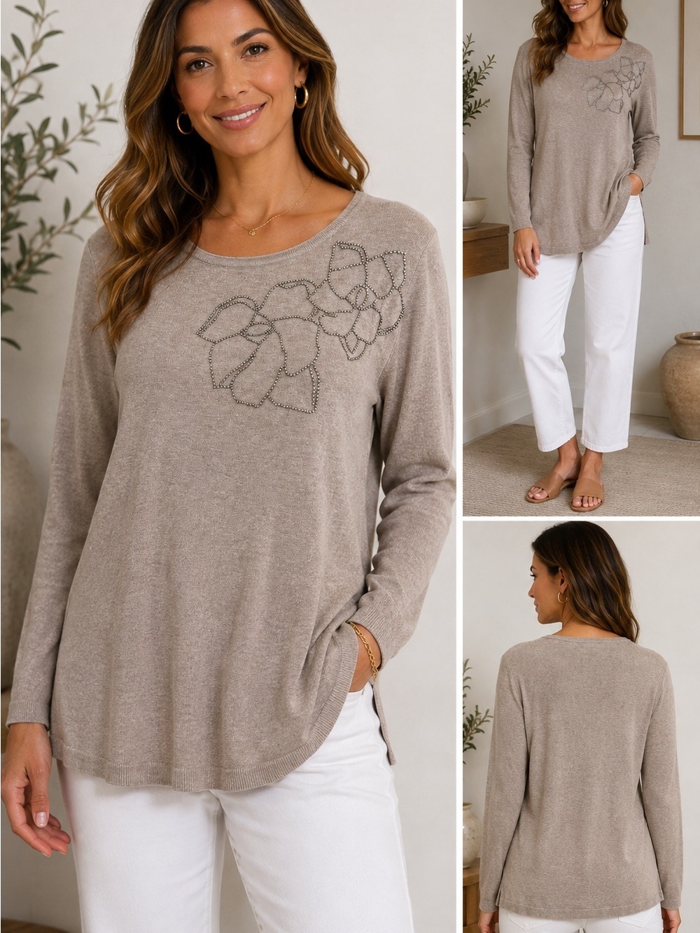 Chico's Taupe Floral-Bead Embellished Long Sleeve Top